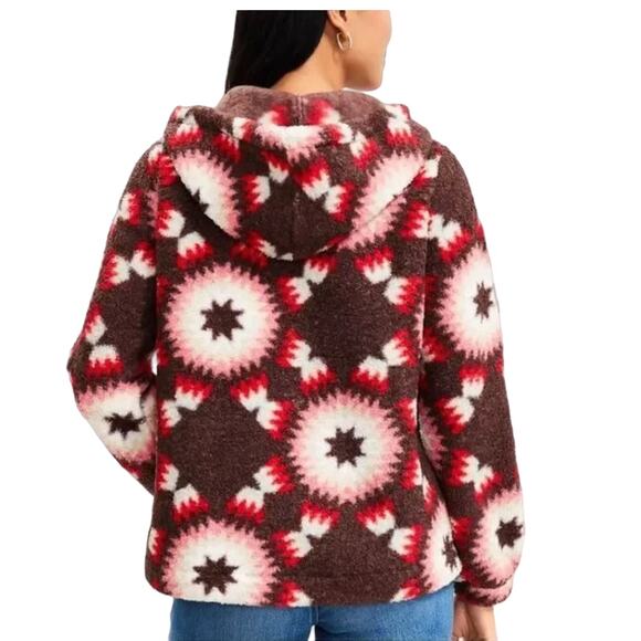NWT LOFT Chocolate Brown, Red, Pink & Cream Sunburst Sherpa Hoodie - Picture 3 of 10